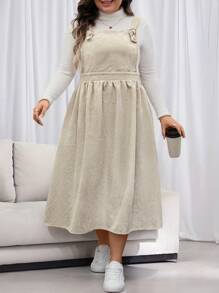 SHEIN LUNE Plus Size Solid Color Wide Strap Pleated Casual Dress Plus Size Fall Clothes Dresses For Women Thanksgiving Outfit Women New Years Women Outfit Winter Dresses Winter Clothes Women Rave Outfits - Khaki - View 5