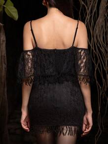 VERO DIAZ Designer Elegant Women's Black Lace Cold Shoulder Suspender Tassel Stitching Sexy Party Mini Dress, Holiday Outfit, Birthday Outfits, Spring, Festival, Wedding, Prom Dress