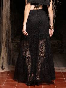 VERO DIAZ 设计师女士黑色高腰荷叶边下摆蕾丝优雅性感裙子，外出，节日 - 黑色 - 查看 5