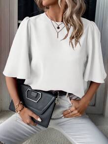 SHEIN LUNE 女士简约圆领短袖纯色休闲上衣，日常穿着 - 白色 - 查看 3