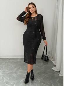 SHEIN Frenchy 2 件大码优雅纯色连衣裙套装，适合派对、活动和约会 - 黑色 - 查看 1