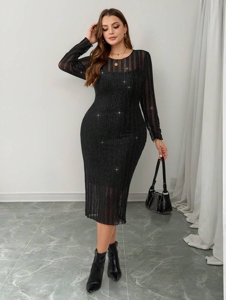 SHEIN Frenchy 2 件大码优雅纯色连衣裙套装,适合派对、活动和约会 - 黑色 - 查看 1