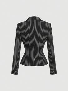 SHEIN MOD 1 件女式黑白条纹修身西装外套，紧身胸衣，骨腰，极简主义时尚，休闲和日常穿着，新年，街头服装，办公室，女士冬季外套，女士复古服装，女士冬季服装，商务休闲女士，哥特，老钱风格女士 - 黑與白 - 查看 2