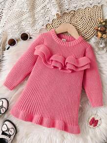 Baby Girls' Ruffle Trim Pink Sweater,Autumn Round Neck Cable Knitted Cardigan,3D Sweet Elegant Family Matching Infant Winter Clothes - Pink - View 1
