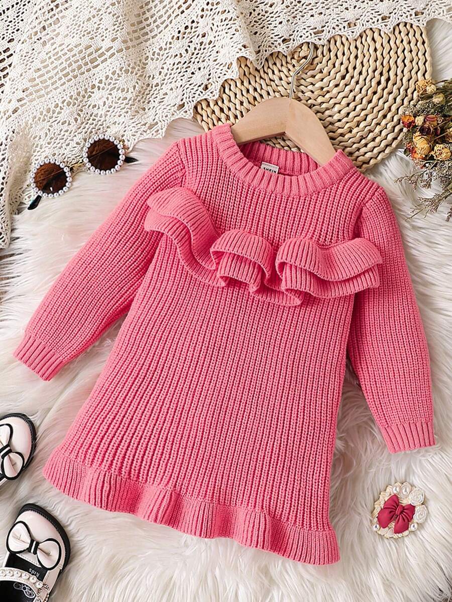 Baby Girls' Ruffle Trim Pink Sweater,Autumn Round Neck Cable Knitted Cardigan,3D Sweet Elegant Family Matching Infant Winter Clothes - Pink - View 1