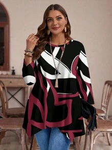 EMERY ROSE Plus Size Women's Casual Asymmetrical Hem Round Neck Loose 3/4 Sleeve T-Shirt, Fall/Winter