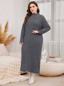 Mulvari Plus Size Solid Color Stand Collar Long Sleeve Casual Knit Dress
