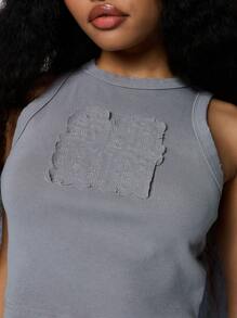 SUMWON WOMEN Ribbed Crop Tank Top Applique Embroidered Summer Sleeveless Casual Vest Top Festival Beach Streetwear - Light Grey - View 4