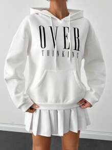 SHEIN PETITE 棉质字母图案袋鼠口袋落肩抽绳连帽衫