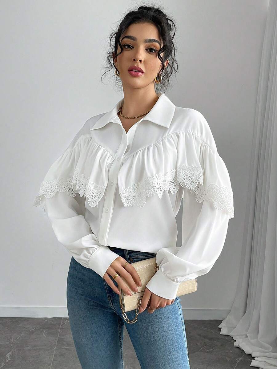 Chiquease Women's Solid Color Casual Ruffled Long Sleeve Versatile Blouse Women Shirt - White - View 1