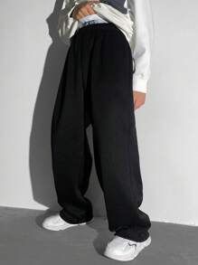 Pantalón de chándal informal 2 en 1 holgado para preadolescentes, gris con texto en inglés, cintura elástica, vintage, adecuado para primavera/verano, escuela, hogar, diario, ejercicio, fiesta de cumpleaños, salidas, todo a juego y sencillo