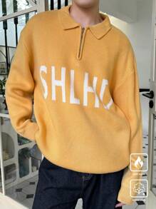 Manfinity CasualKnits Men's Letter Graphic Drop Shoulder Zip-Up Casual Sweater For Autumn/Winter - Multicolor - View 4