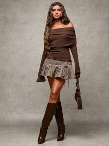 SHEIN BAE Women's Autumn Brown Herringbone Tied-Waist Pleated Hem Simple Houndstooth Mini Skirt