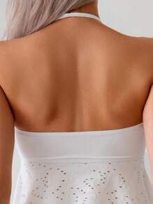 SHEIN Swim Set de 2 piezas para mujer de top camiseta con tirantes finos, cuello drapeado y bottom de bikini con volantes, traje de baño de verano de unicolor