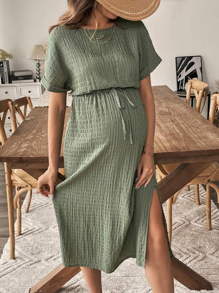 SHEIN Maternity Casual Solid Color Textured Batwing Sleeve Side Split Dress For Vacation - Army Green - View 6