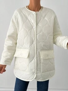 EURMUSE Women's Solid Color Pocket Round Neck Simple Fashionable Casual Daily Jacket, Winter - Cream - View 5