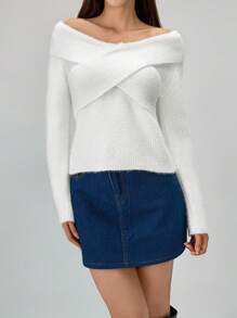 Chiquease Women V-Neck Cross Front Exposed Clavicle Solid Color Fitted Knit Long Sleeve Sweater Knit Pullover Fall Winter - White - View 5