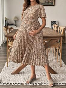 SHEIN Đầm bầu cổ tròn tay bèo xếp ly họa tiết hoa thanh lịch cho bà bầu - Màu Khaki - Xem 6