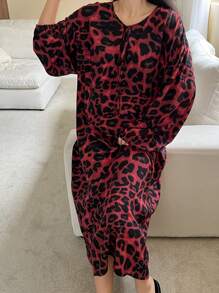 DAZY All-Over Leopard Print Tie Neck Loose Nightgown - Red - View 5