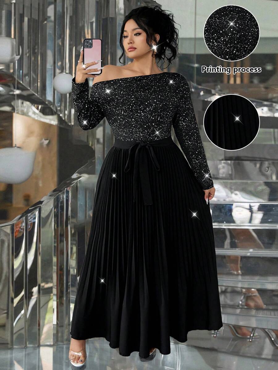 SHEIN Unity Plus Size Women's Party Sparkly Pleated Skirt Hem Asymmetrical Shoulder Dress Maxi Women Outfit