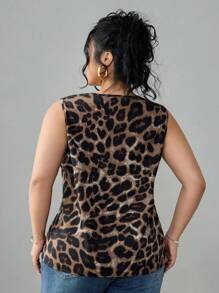Flirla Plus Size Women 3D Flower Decor Leopard Print Split Back Tank Top Graphic Cheetah Print Tees Women Tops - Black - View 2
