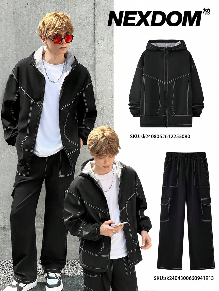 SHEIN Áo khoác hoodie có lớp lót nhiệt màu tương phản thường ngày dành cho bé trai tuổi teen, thích hợp cho mùa thu, đông, ấm áp, thường ngày, hàng ngày, thể thao, tiệc sinh nhật, đi chơi, phối đồ, đơn giản, sang trọng - màu đen - Xem 1