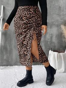 SHEIN VCAY 大码豹纹系带开衩下摆休闲半身裙