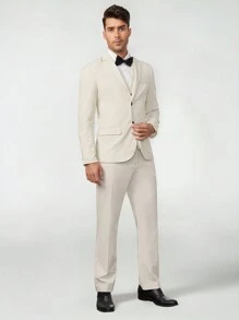 Manfinity VCAY 男士青果領西裝外套和西裝褲套裝帶馬甲 - 米色 - 查看 6