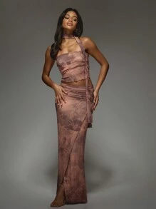 MISSGUIDED Printed Mesh Ruched Bandeau Top And Drape Maxi Skirt Two Piece Co Ord Set With Scarf - Multicolor - View 6