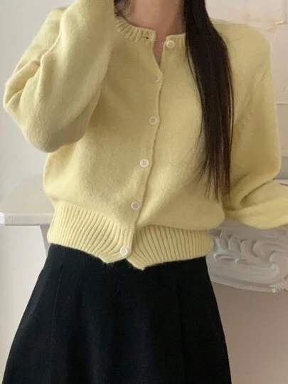 DAZY 女士黄色休闲宽松纽扣前开衫长袖开衫，秋冬，秋季女装