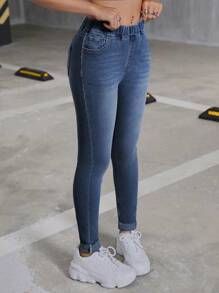 SHEIN Teen Girl Y2K Elastic Waist Insert Pocket Denim Stretch Pants,Fall Back To School Cute Clothes Outfits