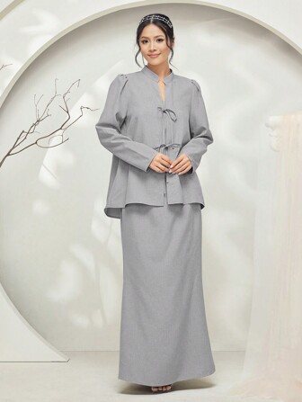 Veilorie Baju Kurung 2 stuks Strik Decor Blouse met lange mouwen & Zeemeermin Maxi-rokset voor vrouwen Bescheiden