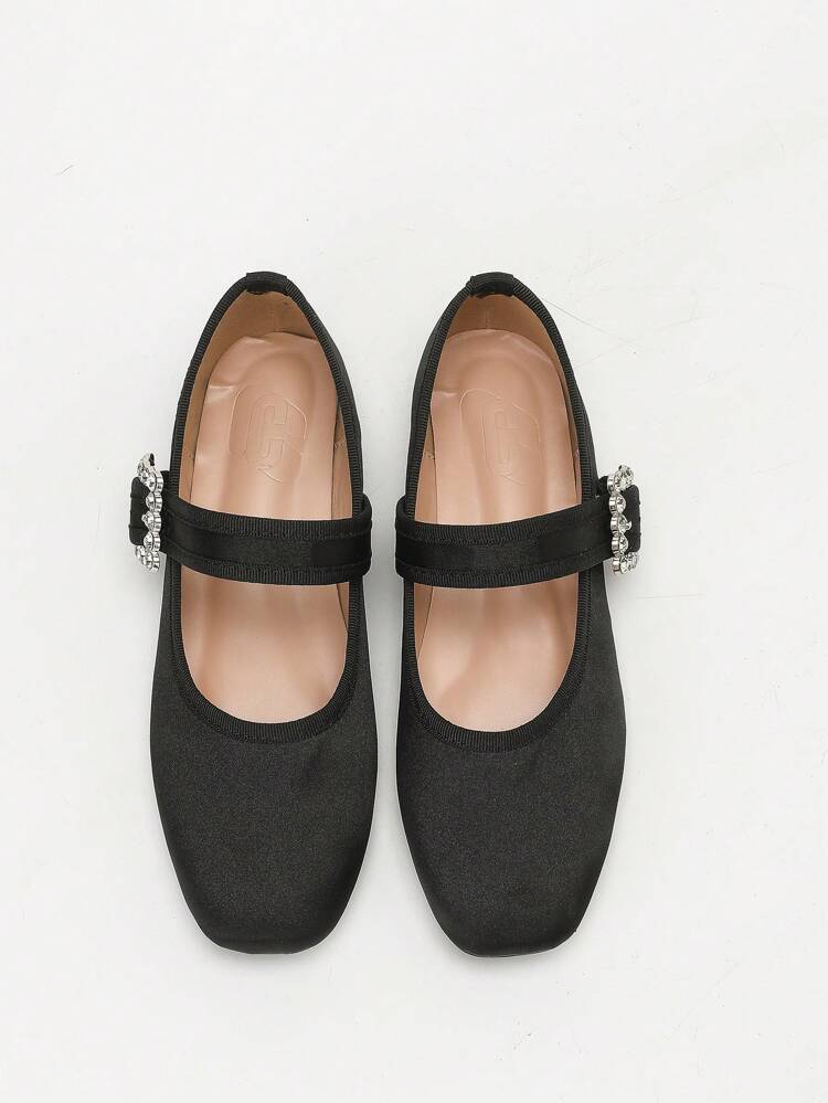 CUCCOO DOLLMOD Women's Crystal Buckle Square Toe Ballet Flats, Sweet Retro Elegant Black Satin Precision Mary Jane Flat Shoes Valentines