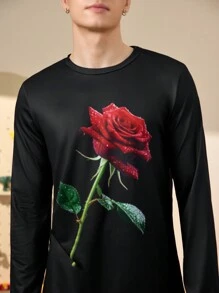 Notgurli Men's Rose Floral Pattern Pajama Shirt - Black - View 3