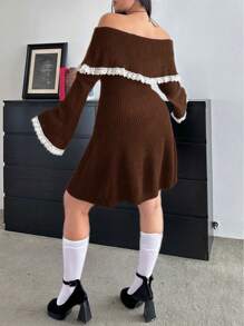 SHEIN MOOSTA 大码优雅拼色蕾丝边露肩喇叭袖毛衣连衣裙，秋冬 - 棕色 - 查看 2
