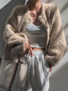 DAZY 女士蓬松柔软开衫，宽松版型，秋季女装 - 杏色 - 查看 6