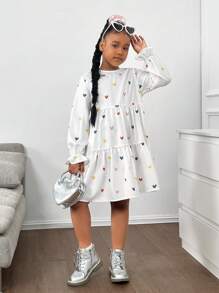 SHEIN Tween Girl Loose Casual Minimalist Comfortable Heart Print Round Neck A-Line Dress - White - View 4