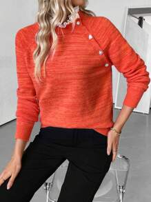 SHEIN LUNE Suéter casual para mujer con cuello redondo, bordado, volantes asimétricos, botones y mezcla de colores, para otoño/invierno