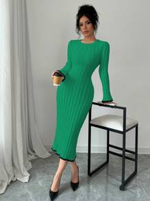Elenzga Women's Solid Color Round Neck Long Sleeve Casual Backless Tie Knit Sweater Dress - Green - View 4