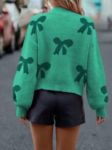 SHEIN LUNE Women's Bow Decor Stand Collar Drop Shoulder Long Sleeve Sweater For Autumn/Winter Knit Pullover Fall Sweater - Green - View 2