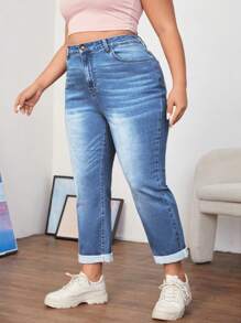 SHEIN ICON Große Größen Lässig gewaschene minimalistische Jeans mit Taper-Passform - Mittele Waschung - Übersicht 4
