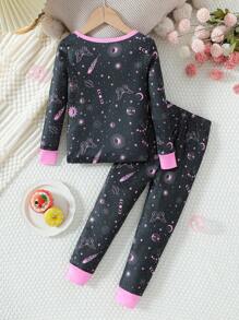 SHEIN Girls Pajamas Set - Tight-Fitting Long Sleeve Top And Long Pants Sleepwear With Luminous Star And Moon Print, For Toddlers - Black - View 2
