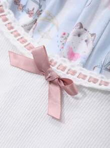 DAZY Cute Floral Lace Bow Trim Top & Loose Fit Allover Cat Print Straight Pants Sleepwear Pajama Set, Fall Winter Clothes - White - View 9