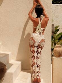 Swim Chiccia New Summer Apricot Hollow Out Crochet Fabric Vacation Beach Cover-Up Dress
