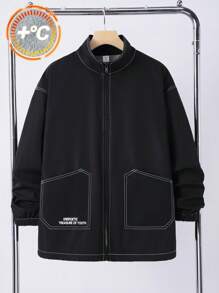 SHEIN Teen Boys' Stand Collar Black Zip Pocket Padded Warm Jacket, Contrast Tape Decor, Casual Street Fashion, Autumn/Winter