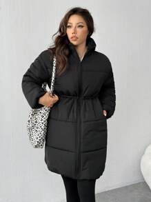 SHEIN EZwear Winter New Thick Warm Solid Color Mid-Length Drawstring Hooded Padded Coat