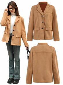 SHEIN Teenagers (Girls) Casual College Style Faux Suede Warm Blazer - Camel - View 1