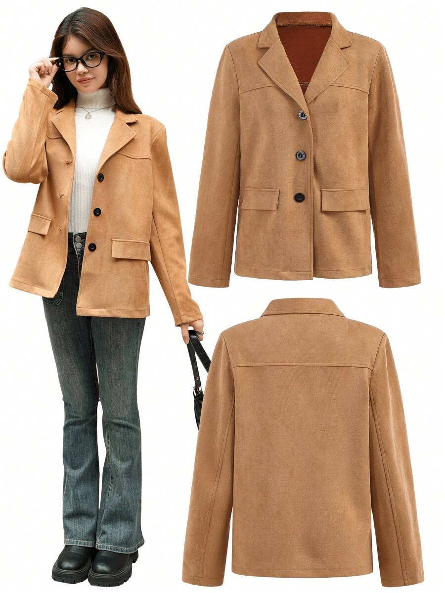 SHEIN Teenagers (Girls) Casual College Style Faux Suede Warm Blazer - Camel - View 1