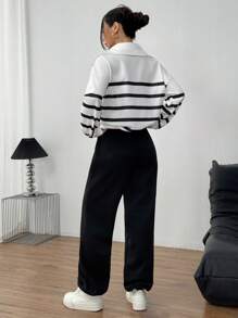 INAWLY 2pcs/Set Women Loose Casual Striped Plush Sweatshirt And Straight Leg Pants Suit - Black - View 2