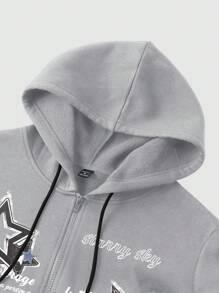 Manfinity EMRG Men's Casual Star & Slogan Print Drawstring Thermal Lined Hooded Sweatshirt, Autumn/Winter, Long Sleeve Top - Light Grey - View 4